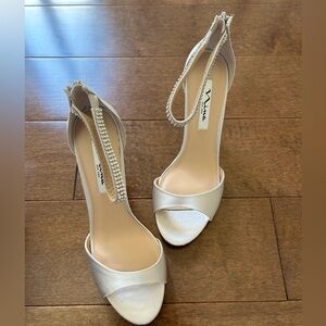 Nina Volanda Silver Satin Crystal Ankle Strap High Heel Dressy Sandal - Size 8.5